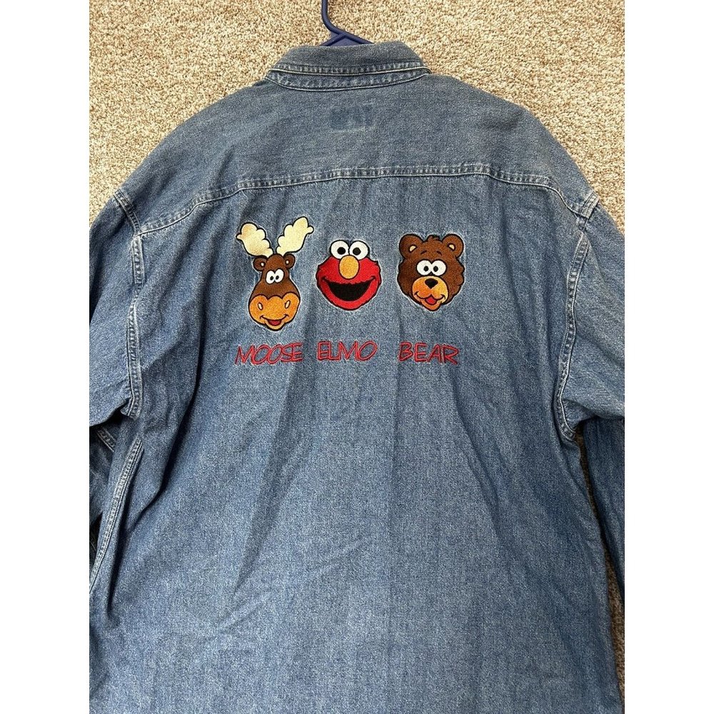 Vintage Men’s Sesame Street Moose Elmo Bear Denim Button Up Shirt Size XL